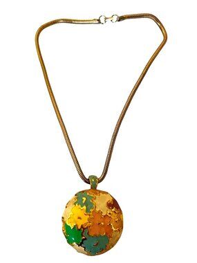 Spring Theme Vintage Pastel Gold-Tone Round Pendant Necklace Enamel Mosaic Retro